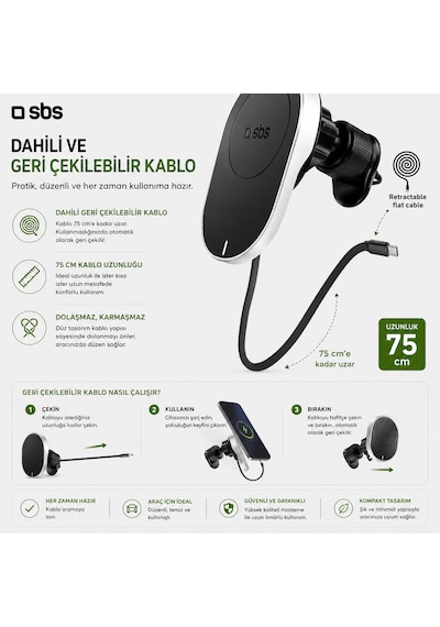 Sbs 15w Magsafe Araç İçi Kablosuz Şarjlı Telefon Tutucu Geri Çekilebilir Usb-c Kablo Havalandırma Izgarası İphone & Android Uyumlu Beyaz Sbs 15w Magsafe Araç İçi Kablosuz Şarjlı Telefon Tutucu Geri Çekilebilir Usb-c Kablo Havalandırma Izgarası İphone & Android Uyumlu Beyaz