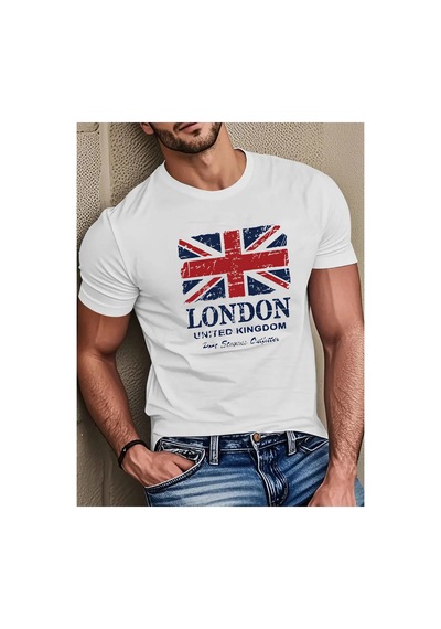 Caddemia İngiliz Bayrağı Ve Londra Simgesel Yerleri Baskılı Şık Gündelik Bol Yu Beyaz 2XL