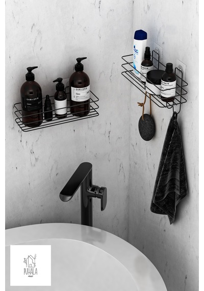 Siyah Yapışkanlı 2li Set Banyo Düzenleyici Şampuanlık Banyo Rafı Duş Rafı Organizer Duşakabinaskısı Siyah
