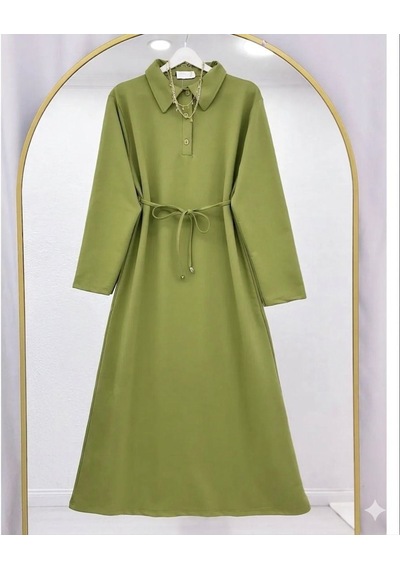 Lovie Moda Kadın Polo Yaka Bağcıklı Elbise -yeşil