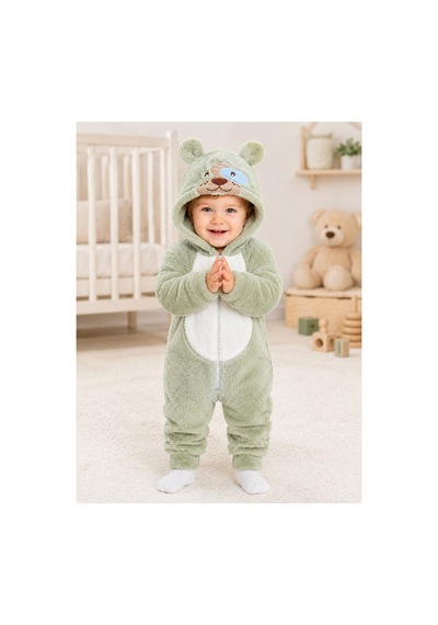 Kız Erkek Bebek Welsoft Peluş Tulum Kapüşonlu Fermuarlı Kışlık Bebek Tulumu Köpek Figürlü Yumuşak Polar Tulum Yeşil