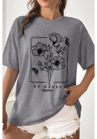 Uyguntarz Unisex Be Happy Baskılı Oversize Tshirt Gri