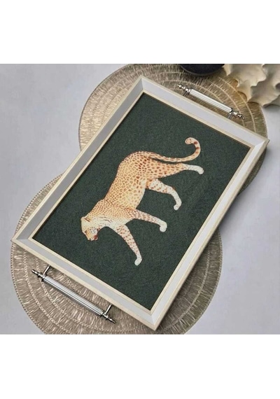 Leopar Desenli Dekoratif Tepsi Krem Gold Çerçeveli Ve Kulplu Çay Kahve & Sunum Tepsisi
