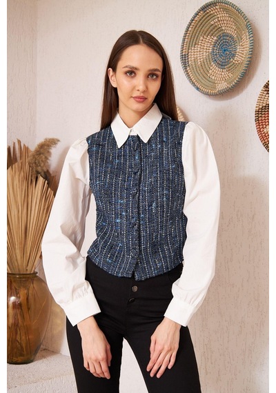 Darlin Moda Mavi Tüvit Garnili Uzun Kollu Gömlek Dm9001 Mavi