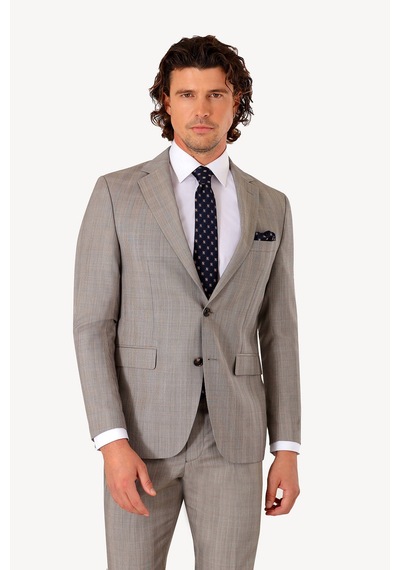 Erkek Bej Slim Fit Kareli Takım Elbise