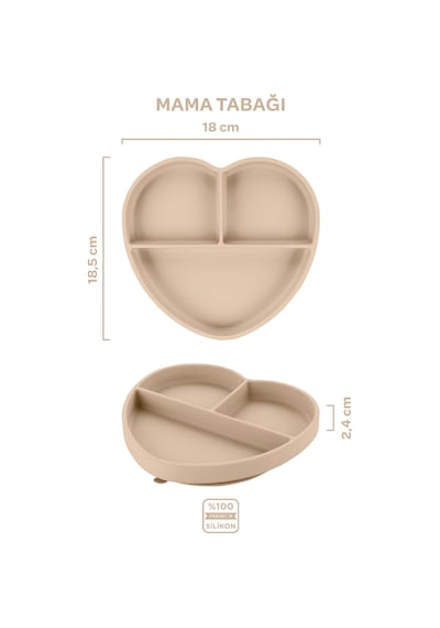 Silikon Beslenme Seti 4'lü Latte Bej / Mama Önlüğü, Mama Tabağı, Bandırma Kaşığı, Kulplu Bardak