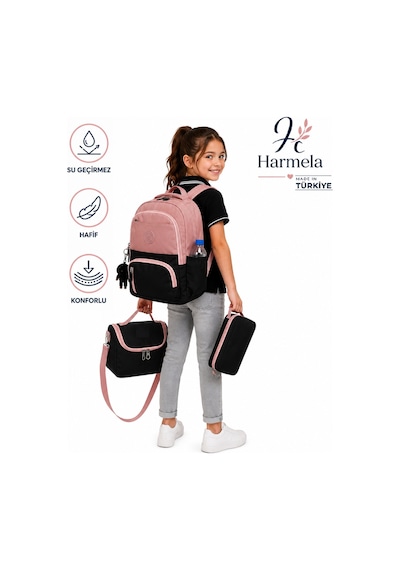 Suya Dayanıklı Pudra-siyah İlk Okul Çantası 3'lü Seti Unisex Çocuk Sırt İlkokul Çantası 8010 Pembe