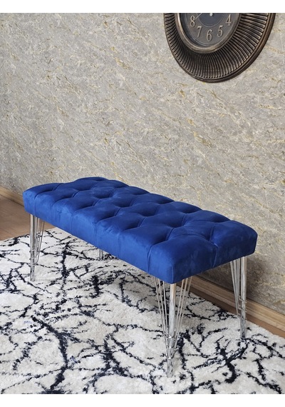 Zafir Krom Tel Ayaklı 90 Cm Puf Bench - Puf - Bench - Kasalı Oturak - Oturak - Yatak Ucu Puf Mavi