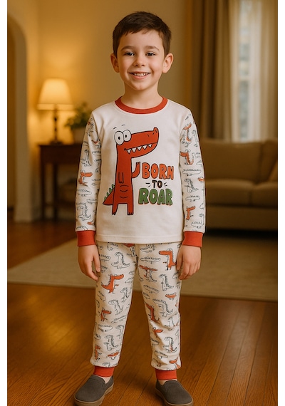 Hçm Erkek Çocuk Pijama Takımı Dinozor Baskılı Bisiklet Yaka C65 Kiremit
