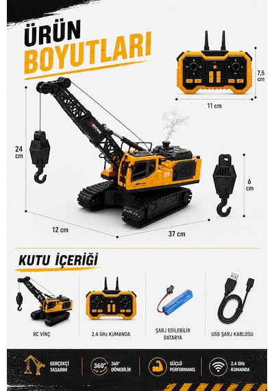 Işıklı Sesli Buharlı Metal Alaşım Uzaktan Kumandalı Rc Vinç Full Fonksiyon Paletli Vinç Sarı