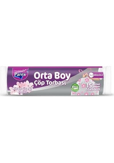 Premium Büzgülü Çöp Torbası Kiraz Çiçeği Kokulu Orta Boy 15'li