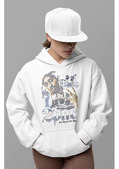 Sevbano 2pac Rapper Baskılı Unisex Oversize Tupac Şarkıcı Hoodie beyaz