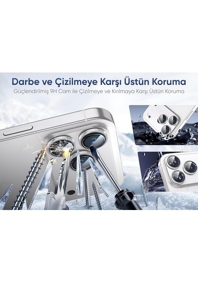 Apple Uyumlu iPhone 16 Pro Max Uyumlu Kamera Lens Koruyucu, 9h Temperli Cam Metal Çerçeve Koruma Halkası, Safir Hd Berraklık Gümüş Renk, 3'lü Set Diğer