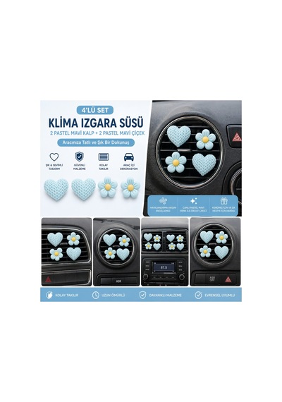 Pastel Mavi Kalp & Çiçek Araç Klima Izgara Süsü 4 Lü Set Dekoratif Oto Havalandırma Aksesuarı