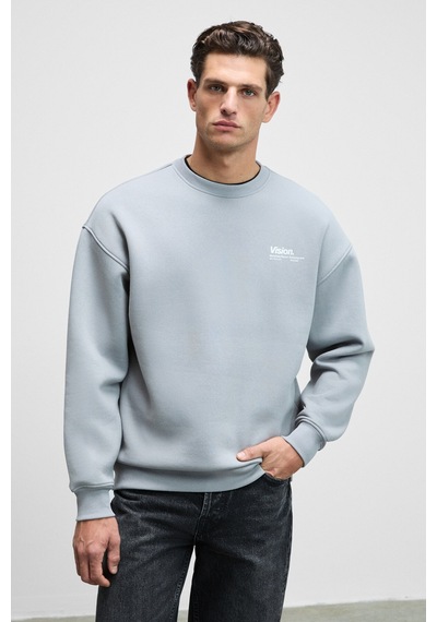 Grimelange Ernest Erkek Organik Pamuklu Yumuşacık Baskı Detaylı Bisiklet Yaka İçi Polarlı Açık Gri Sweatshirt