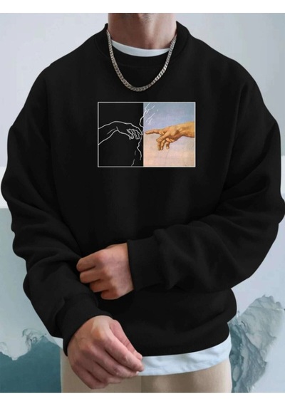 Startmore Siyah Unisex Kadın/erkek Hands Renkli Oversize Bisiklet Yaka Pamuklu