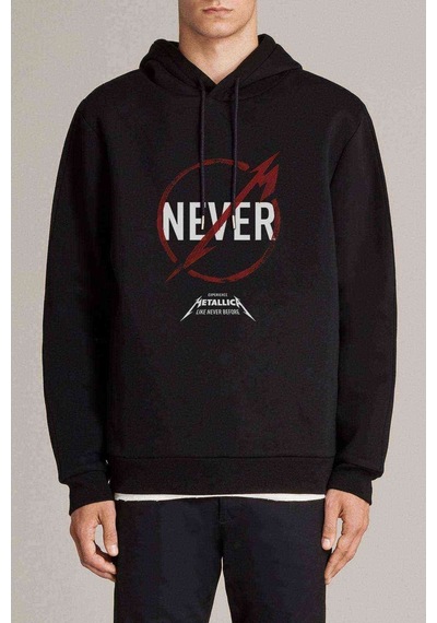 Metallica Never Baskılı Siyah Erkek Örme Kapşonlu Sweatshirt (531010085)