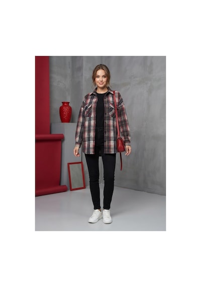 Polologin Butik Kadın Kırmızı-siyah Ekose Desenli Kalın Oduncu Gömlek Gri