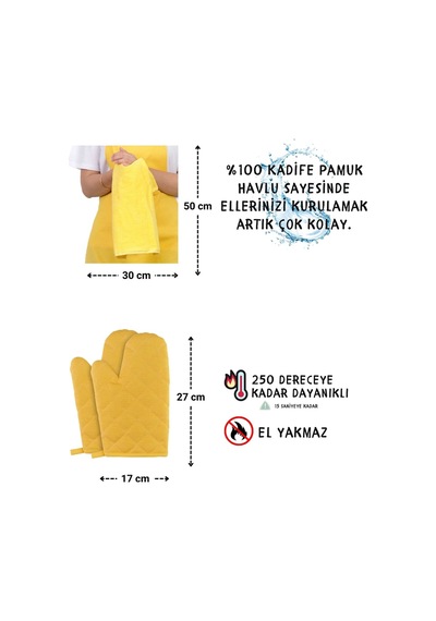 Star Ayar Askılı Havlulu 4lü Mutfak Önlüğü Seti 2 Eldiven Sarı-sarı-sarı