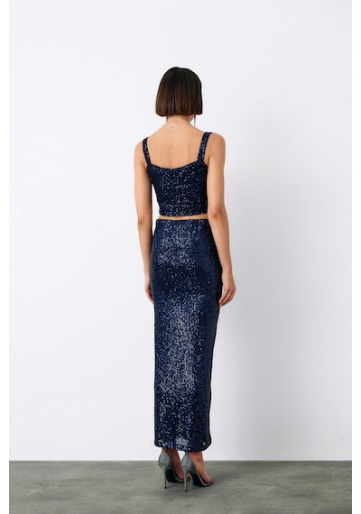 Sateen Pul Payetli Midi Etek - Lacivert-135193 Lacivert