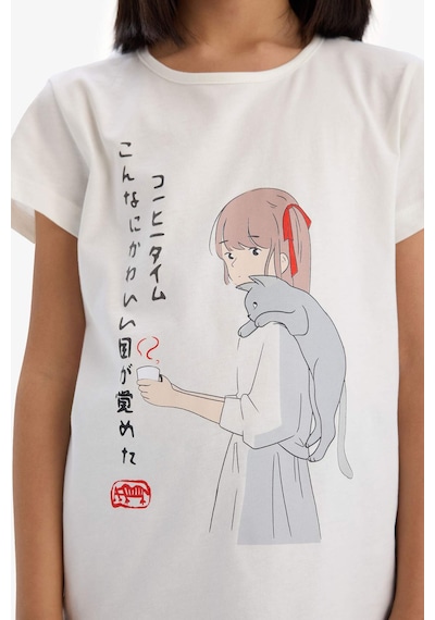 DeFacto Kız Çocuk Pijama Takımı Baskılı Kısa Kollu Üst Kapri Alt E2227A825SMER85 Ekru