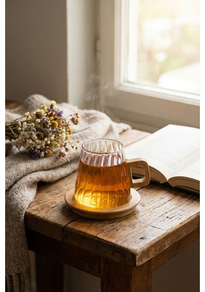 Makri Home Bambu Altlıklı Çizgili Desenli Şeffaf Cam Kupa 300 Ml Çok Renkli