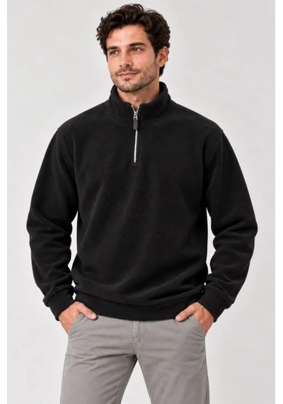 Butik İstanbul Erkek Polar Dik Yaka Yarım Fermuarlı Uzun Kollu Regular Fit Kışlık Sweatshirt - Siyah