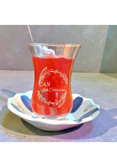Çay Ağacı Kokulu Türk Çayı Görünümlü Dekoratif Mum Çay Bardağı- Açık Kırmızı