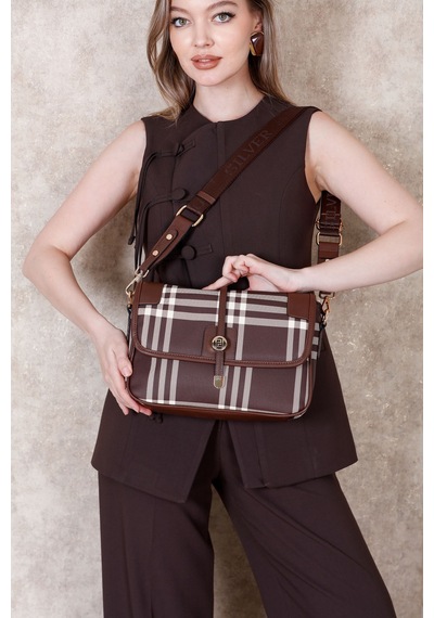 Silver & Polo Silver Polo Kahve - Kahve Çizgili Ekose Kadın Çapraz Çanta Sp1182