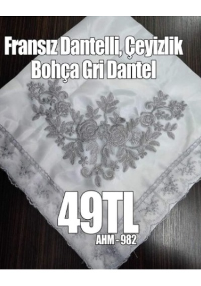 Fransız Dantelli Çeyizlik Bohça Gri Dantel
