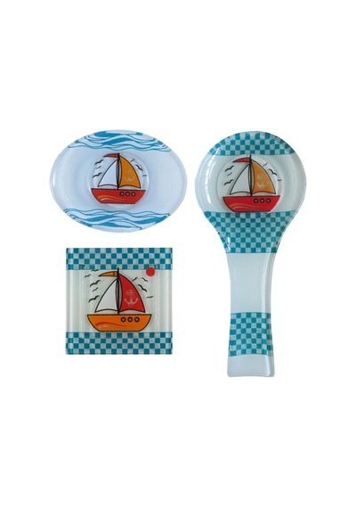 Cam Gider Kapağı + Cam Kepçe Altlığı Kaşıklık + Cam Sabunluk 3Lü Set