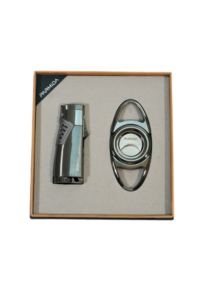 Parmida 3 Torch Gunmetal Çakmak Gunmetal Kesici İkili Puro Seti Tr9855