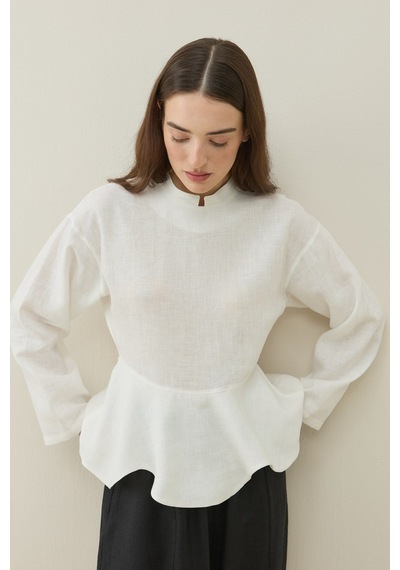 Molene Ekru Hakim Yaka Peplum Keten Bluz