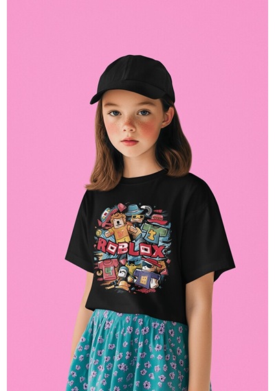 Sevbano Unisex Roblox Oyun Baskılı Çocuk Tişört 1-12 Yaş Siyah