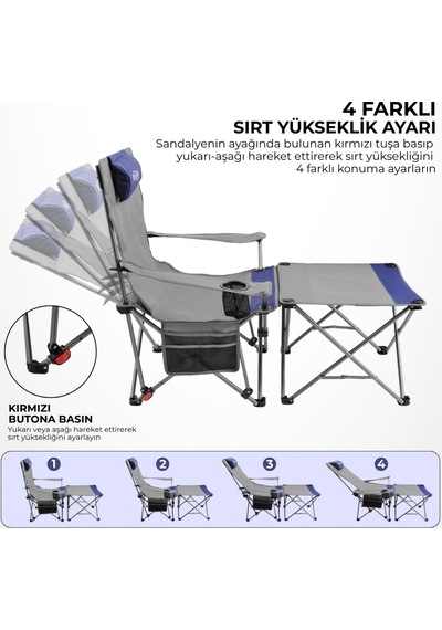 2 Adet Şezlong Kamp Sandalyesi Ve Masa Seti - Plaj Seti - Lounge Elevate - Mavi Çok Renkli