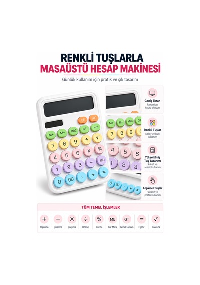 Lcd Ekran Hesap Makinesi 12 Haneli Hesap Makinesi Pastel Beyaz