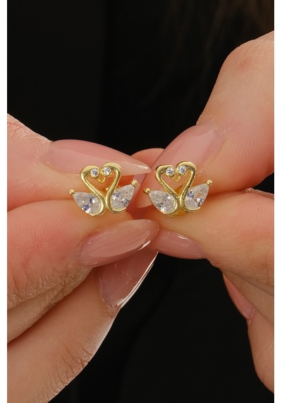 Gümüş Altın Yaldızlı Damla Kesim Zirkon Taşlı Aşık Kuğular Küpe Barcode Altın