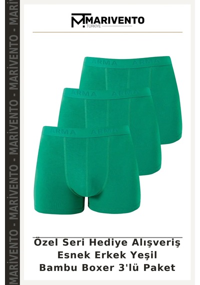 Marivento Özel Seri Hediye Alışveriş Esnek Erkek Yeşil Bambu Boxer 3'lü Paket