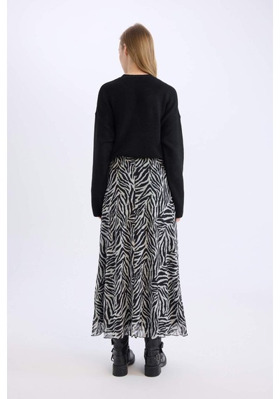 DeFacto Flare Fit Zebra Desenli Yüksek Bel Tül Maxi Etek E3974AX25SPBK81 Siyah