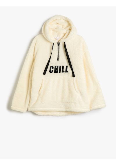 Koton Kapşonlu Peluş Sweatshirt Yarım Fermuar Detaylı Kanguru Cepli İşlemeli Ekru 4wal10098ık Ekru