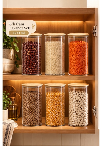 Porsima 2-3 Bambu Vakumlu Kapaklı Yuvarlak Borosilikat Cam 6lı Kavanoz Seti Saklama Kabı 1300ml 10x20cm Cam - Şeffaf