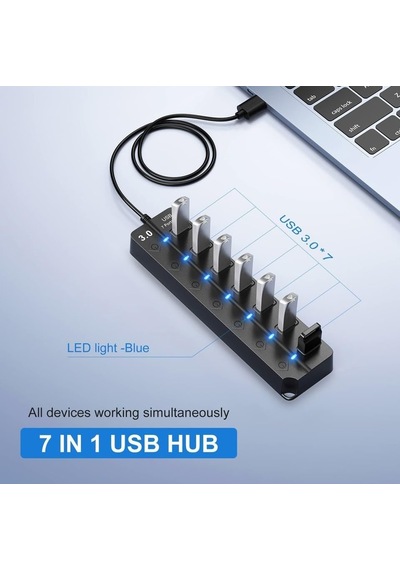 Lexroo Çoklu Port Usb 3.0 Hub Adaptörü, Anahtarlı Ve Işıklı Çoklu Bağlantı Noktası Bölücü