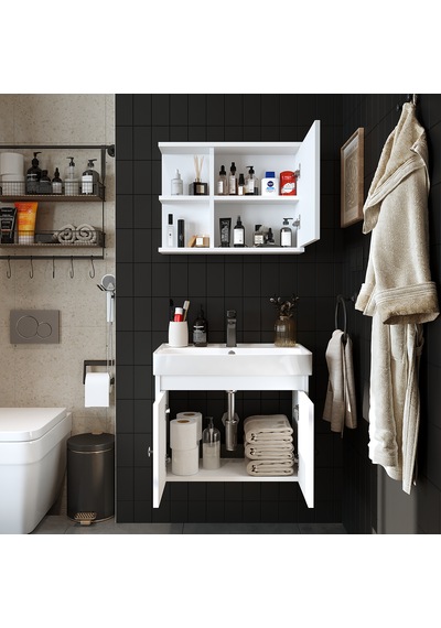 Lavabolu Mat Suntalam 60 Cm Banyo Dolabı + Aynalı Üst Dlp Beyaz Mat Beyaz Lavabolu Mat Suntalam 60 Cm Banyo Dolabı + Aynalı Üst Dlp Beyaz Mat Beyaz