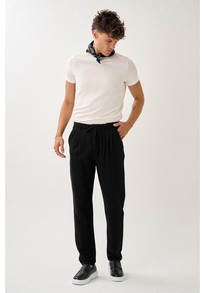 Alexandergardi Regular Fit Beli Lastikli Keten Pantolon Siyah