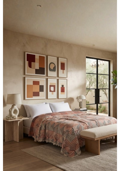 Terra Mosaic 5 Kat Dolgulu Müslin Çift Kişilik Yatak Örtüsü %100 Pamuk Çift Taraflı Jakar Geometrik Desen 220x240 Cm Kiremit