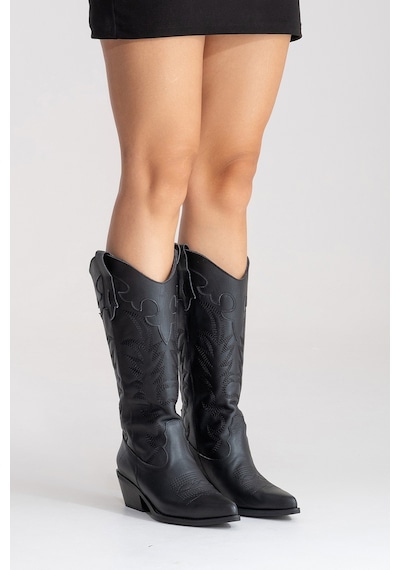 Luvishoes Matıas Siyah Cilt Hakiki Deri Kadın Nakışlı Western Çizme Siyah