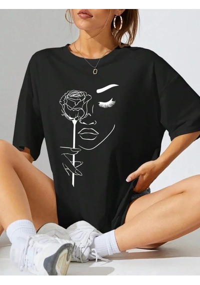 Kadın Tişört Baskılı Kısa Kol Oversize T-shirt - Siyah