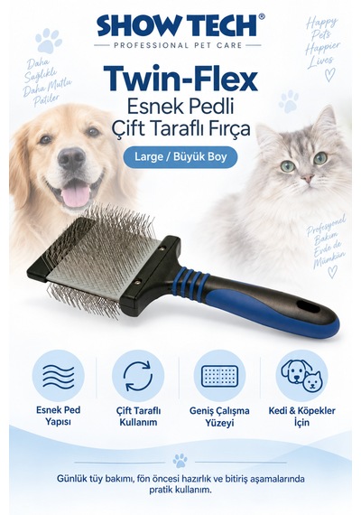 Showtech Twin-flex Esnek Pedli Çift Taraflı Kedi & Köpek Tarama Fırçası Büyük