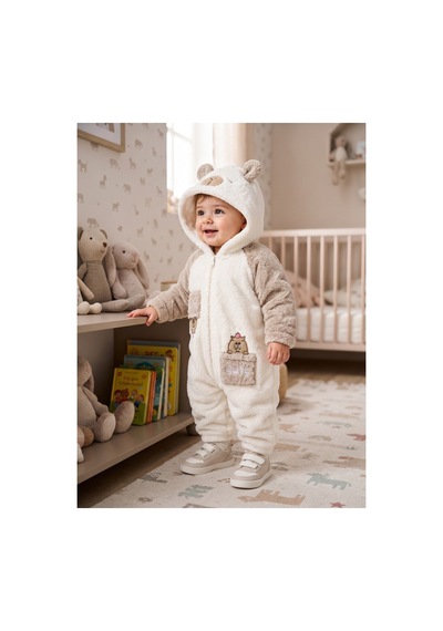 Chicsy Baby Tatlı Ayıcık Nakışlı Bebek Welsoft Tulum Kapüşonlu Kulaklı Fermuarlı Cepli Kışlık Peluş Tulum Bej