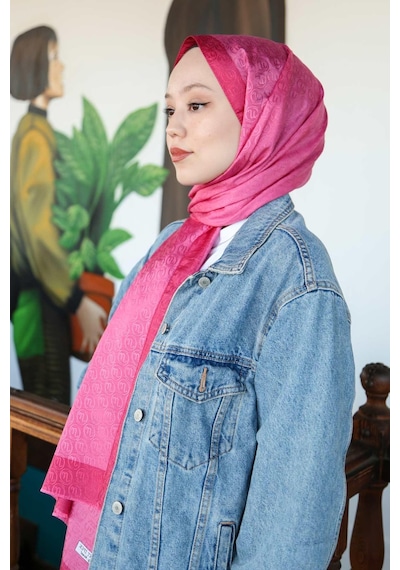 Premium Lux Original Monogram Şal İpek Vual, Yüksek Kalite, Hafif, Rahat, Şık, Tesettür, Shawl Fuşya Şeritli - Logolu